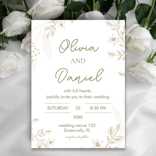 Modern bröllopsinbjudan till Blommigten Guld Inbjudningar (Modern Gold Floral Wedding invitation #zazzlemade #whitefloralinvitation #whitegoldinvitation)