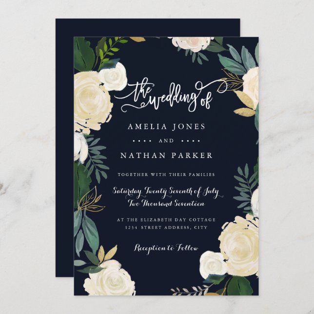 Modern bröllopsinbjudan till botaniskt marinbröllo inbjudningar (Fram/baksida)