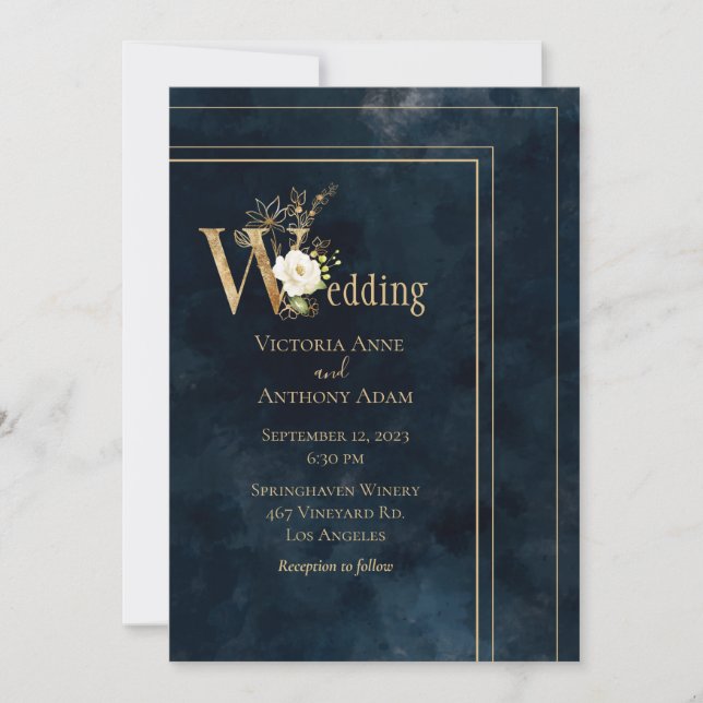 Modern bröllopsinbjudan till elegant Blue Guld Inbjudningar (Framsida)