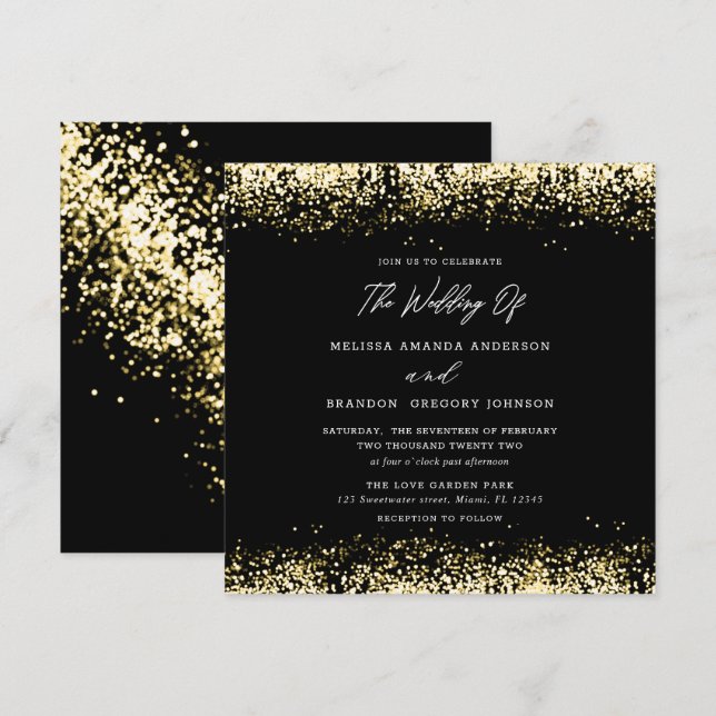 Modern bröllopsinbjudan till Guld Black Glitter Inbjudningar (Fram/baksida)