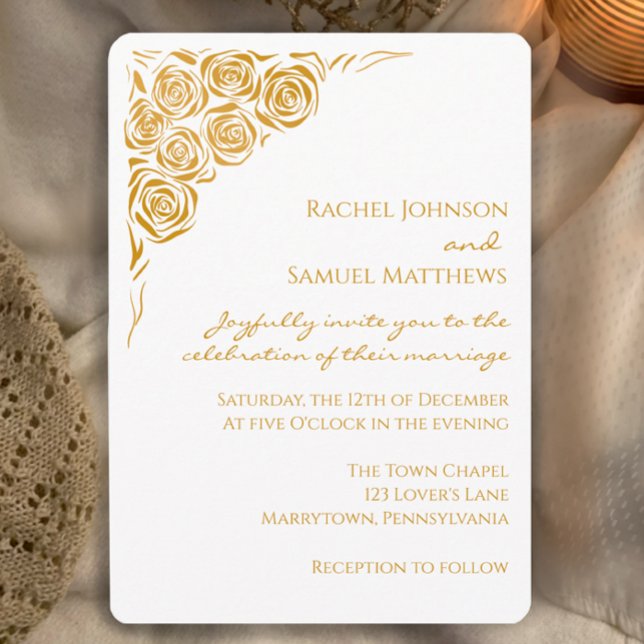 Modern bröllopsinbjudan till hand plockade Golden  Inbjudningar (Elegant modern wedding invitation with unique hand drawn golden roses. Stylish, simple.
)