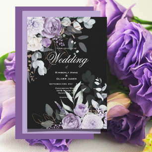 Modern bröllopsinbjudan till lila och svart Blommi Inbjudningar