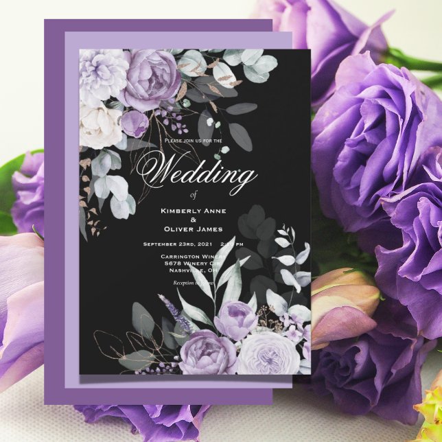 Modern bröllopsinbjudan till lila och svart Blommi Inbjudningar (Skapare uppladdad)