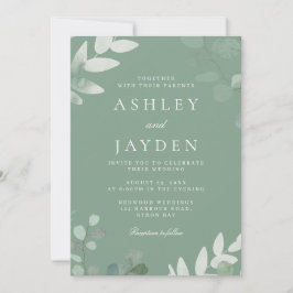 Modern bröllopsinbjudan till Löv i vår i Grönt Inbjudningar