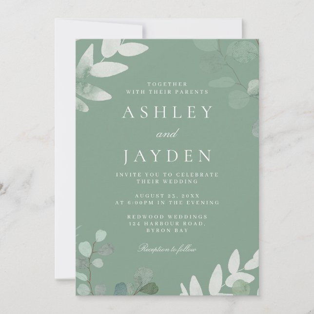 Modern bröllopsinbjudan till Löv i vår i Grönt Inbjudningar (Framsida)