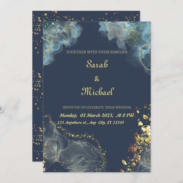 Modern bröllopsinbjudan till marinen Guld Inbjudningar (Fram/baksida)