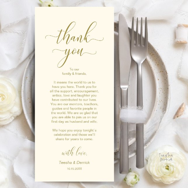 Modern Bröllopsmiddag Bordssättning Tacksamhetskor Program (Modern Wedding Dinner Place Setting Thank You Card in Gold and Cream)