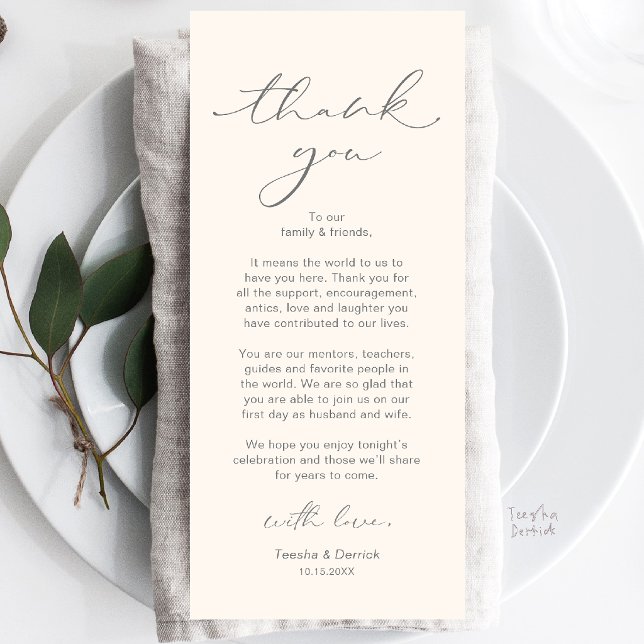 Modern Bröllopsmiddag Bordssättning Tacksamhetskor Program (Modern Wedding Dinner Place Setting Thank You Card in Grey and Ivory)