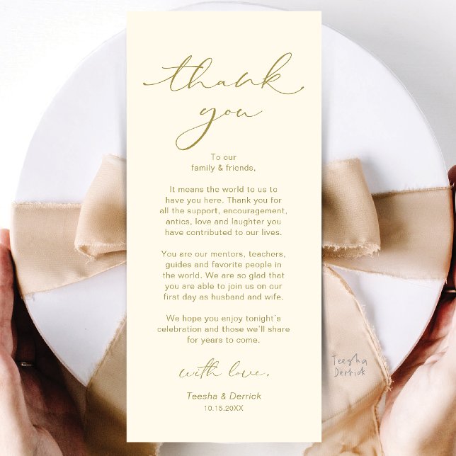 Modern Bröllopsmiddag Bordsuppställning Tacksamhet Program (Modern Wedding Dinner Place Setting Thank You Card in Cream Gold)