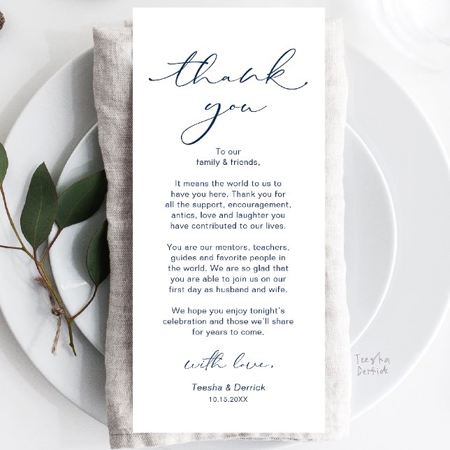 Modern Bröllopsmiddag Bordsuppställning Tacksamhet Program (Modern Wedding Dinner Place Setting Thank You Card in Navy Blue)