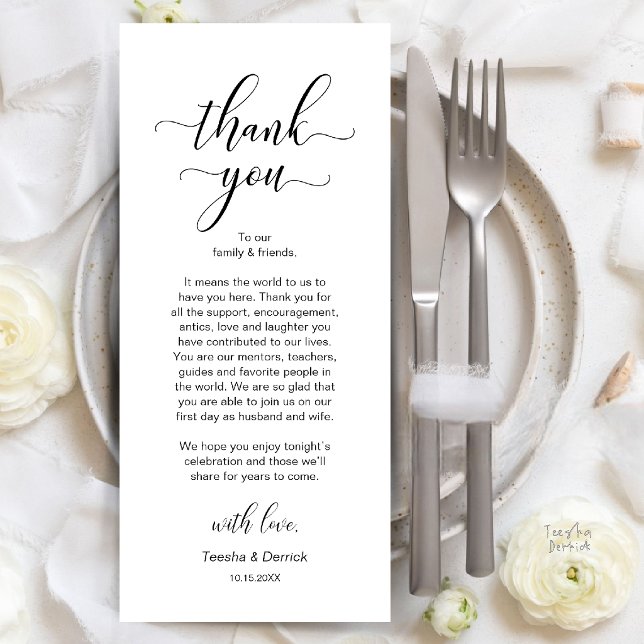 Modern Bröllopsmiddag Platsinställning Tacksamhets Program (Modern Wedding Dinner Place Setting Thank You Card in Black and White)