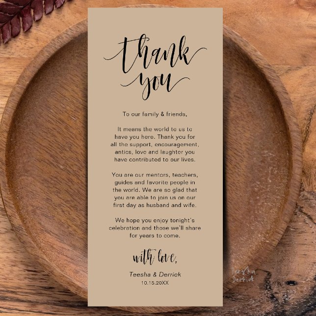 Modern Bröllopsmiddag Platssättning Tacksamhetskor Program (Modern Wedding Dinner Place Setting Thank You Card in Brown Tan Kraft)