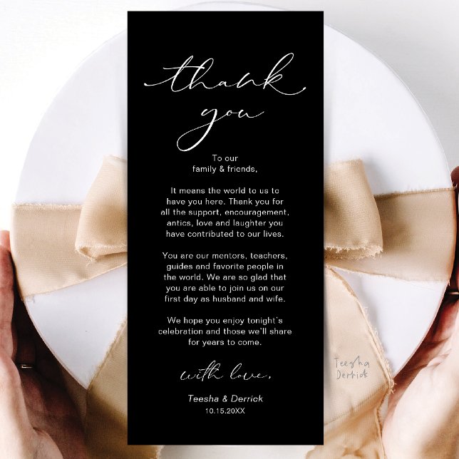 Modern Bröllopsmiddag Platssättning Tacksamhetskor Program (Modern Wedding Dinner Place Setting Thank You Card in Black and White)