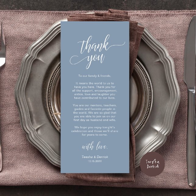 Modern Bröllopsmiddag Platssättning Tacksamhetskor Program (Modern Wedding Dinner Place Setting Thank You Card in dusty blue)