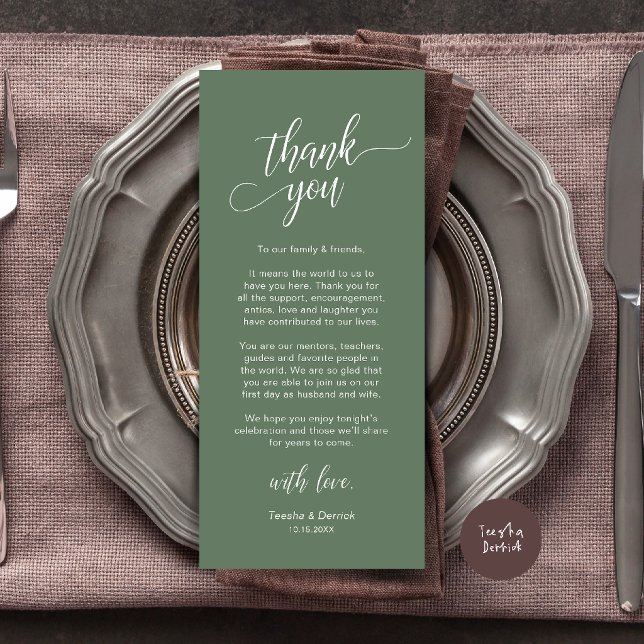 Modern Bröllopsmiddag Platssättning Tacksamhetskor Program (Modern Wedding Dinner Place Setting Thank You Card in sage green)