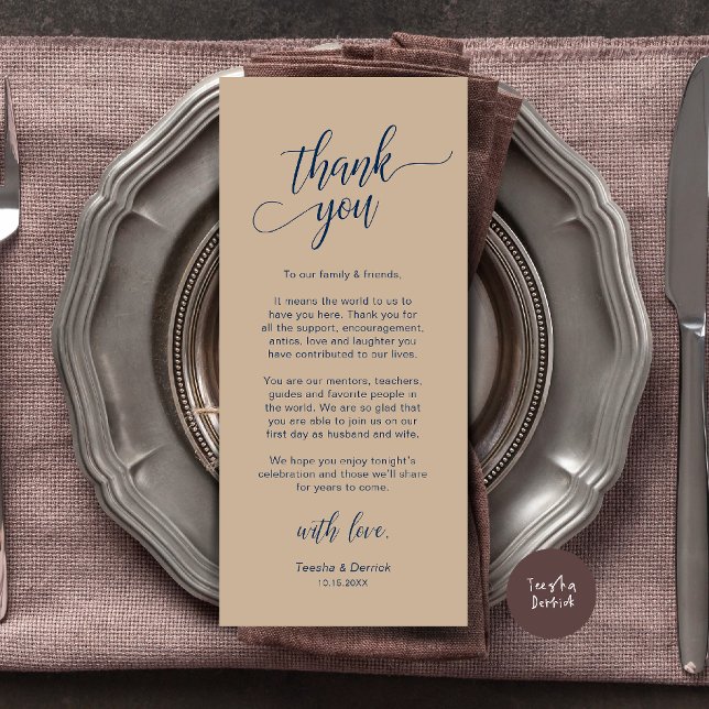 Modern Bröllopsmiddag Platssättning Tacksamhetskor Program (Modern Wedding Dinner Place Setting Thank You Card in Navy Blue Brown Tan)