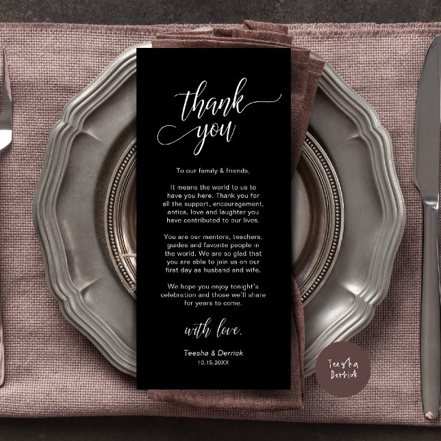 Modern Bröllopsmiddag Platssättning Tacksamhetskor Program (Modern Wedding Dinner Place Setting Thank You Card in black and white)