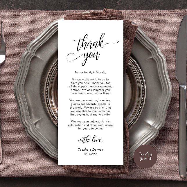 Modern Bröllopsmiddag Platssättning Tacksamhetskor Program (Modern Wedding Dinner Place Setting Thank You Card in Black and white)