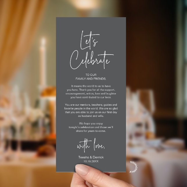 Modern Bröllopsmiddag Tackkort Program (Modern Classy Wedding Reception Dinner Thank You Card in Charcoal Grey)