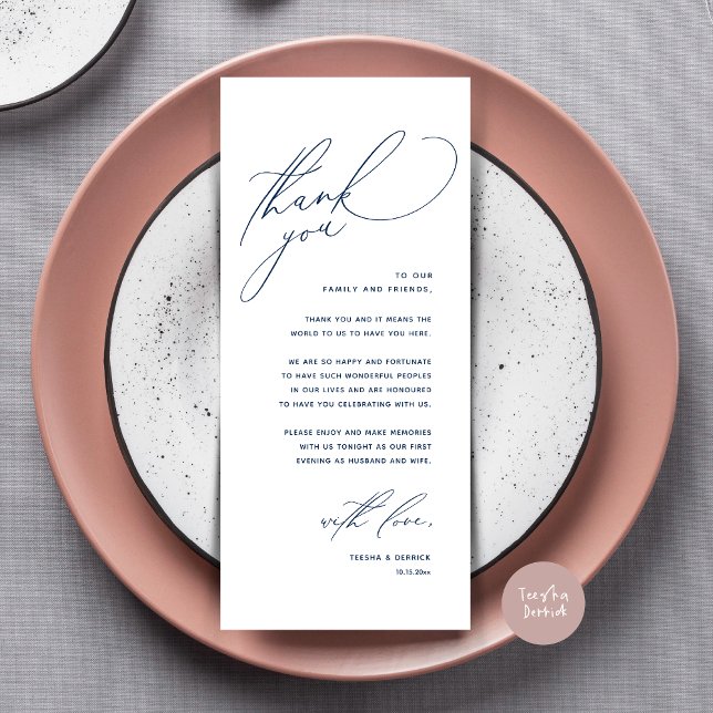 Modern bröllopsmiddags bordskort tackkort program (Modern Wedding Dinner Place Setting Thank You Card, Romantic Plate Decor, in Navy Blue)