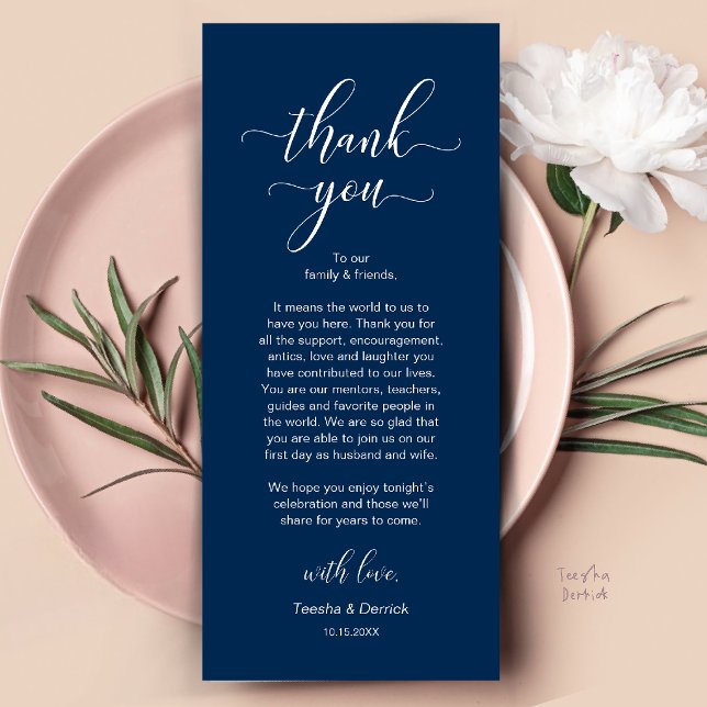 Modern Bröllopsmiddagsplatssättning Tackkort Program (Modern Wedding Dinner Place Setting Thank You Card in Navy Blue)