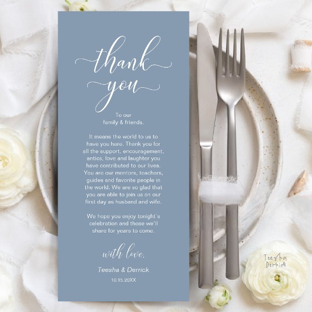 Modern Bröllopsmiddagsplatssättning Tackkort Program (Modern Wedding Dinner Place Setting Thank You Card in Dusty Blue)