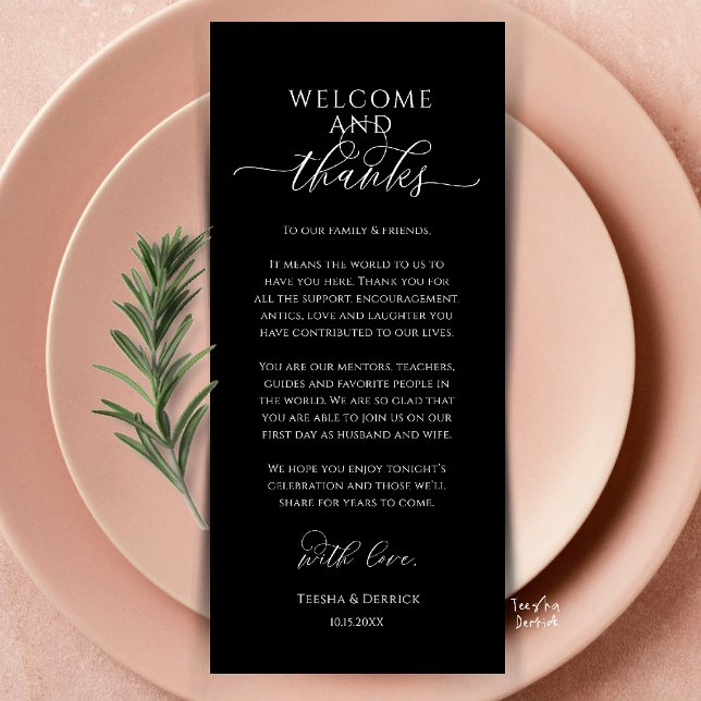 Modern Bröllopsmiddagsplatssättning Tackkort Program (Modern Wedding Dinner Place Setting Thank You Card in black and white)