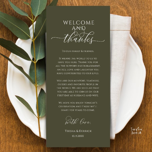 Modern Bröllopsmiddagsplatssättning Tackkort Program (Modern Wedding Dinner Place Setting Thank You Card in olive green)