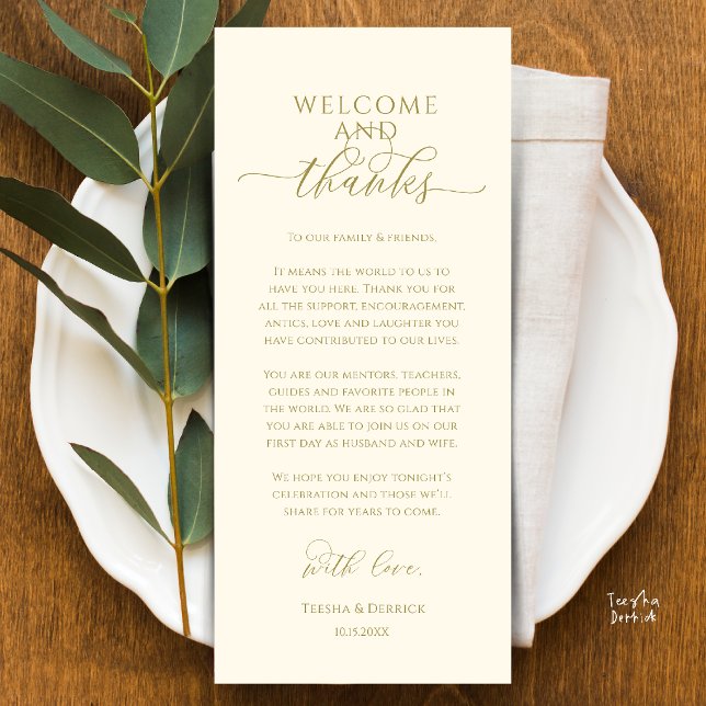 Modern Bröllopsmiddagsplatssättning Tackkort Program (Modern Wedding Dinner Place Setting Thank You Card in gold yellow cream)