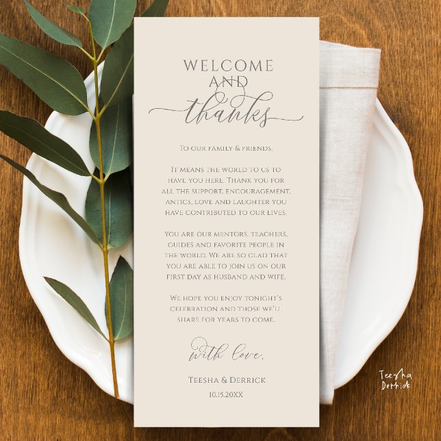 Modern Bröllopsmiddagsplatssättning Tackkort Program (Modern Wedding Dinner Place Setting Thank You Card in cream and grey)