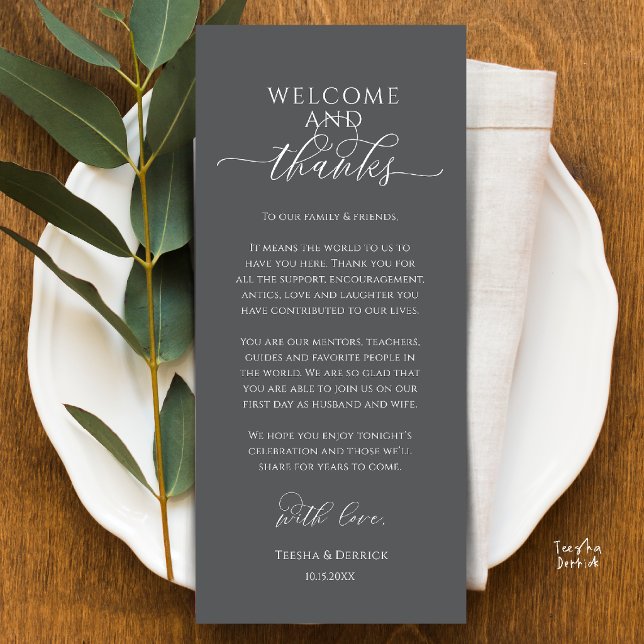 Modern Bröllopsmiddagsplatssättning Tackkort Program (Modern Wedding Dinner Place Setting Thank You Card in dark grey)