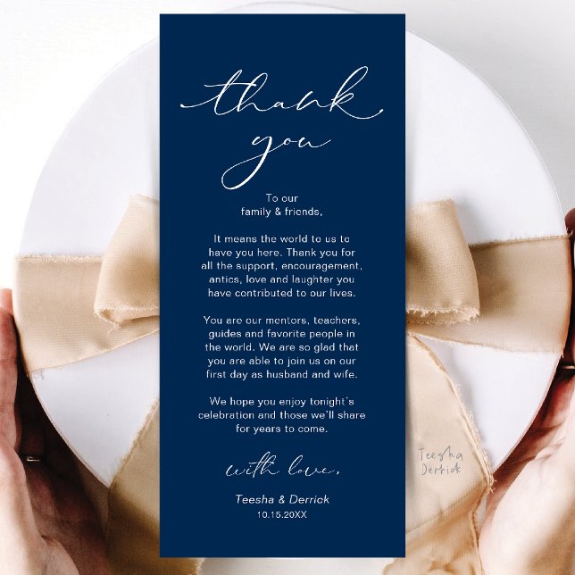 Modern Bröllopsmiddagsplatssättning Tackkort Program (Modern Wedding Dinner Place Setting Thank You Card in Navy Blue)