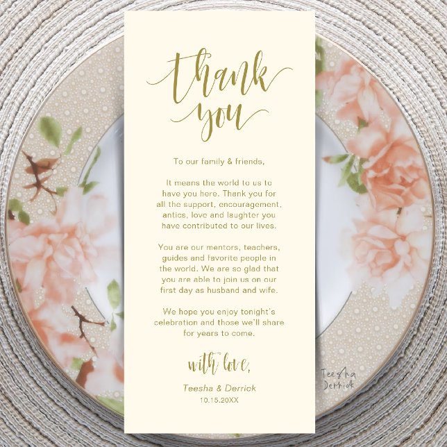 Modern Bröllopsmiddagsplatssättning Tacksamhetskor Program (Modern Wedding Dinner Place Setting Thank You Card in Gold Yellow Cream)