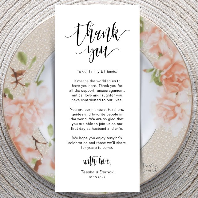 Modern Bröllopsmiddagsplatssättning Tacksamhetskor Program (Modern Wedding Dinner Place Setting Thank You Card in Black and White)