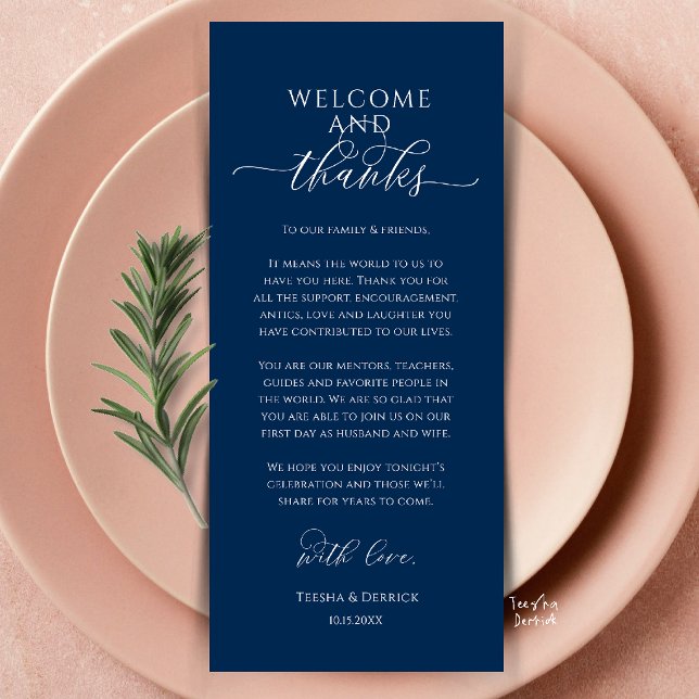 Modern Bröllopsmiddagsplatssättning Tacksamhetskor Program (Modern Wedding Dinner Place Setting Thank You Card in navy blue)