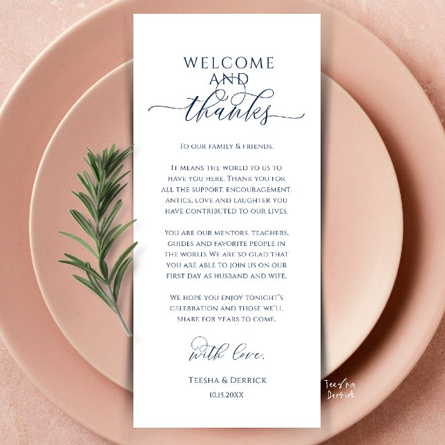 Modern Bröllopsmiddagsplatssättning Tacksamhetskor Program (Modern Wedding Dinner Place Setting Thank You Card in navy blue)