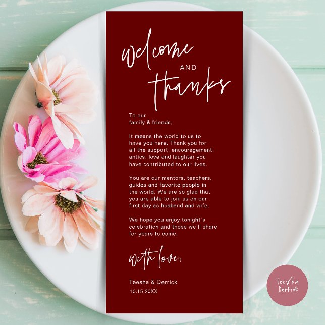 Modern Bröllopsmiddagsplatssättning Tacksamhetskor Program (Modern Casual Wedding Dinner Place Setting Thank You Card in burgundy wine red)