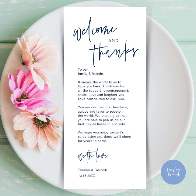 Modern Bröllopsmiddagsplatssättning Tacksamhetskor Program (Modern Casual Wedding Dinner Place Setting Thank You Card in navy blue)