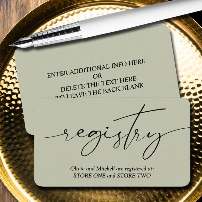 Modern Bröllopsregistrering Tilläggskort (Handwritten script wedding registry enclosure cards - Sage Green, more info on back)