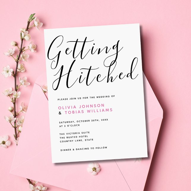 Modern Bröllopstypografi Inbjudningar (Simple modern wedding invitation with 'Getting Hitched' script typography. Classic elegant & stylish)