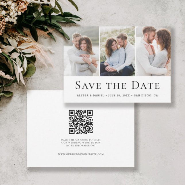 Modern Bröllopswebbplats QR-kod med Tre Bilder Spara Datumet (Custom 3 photo simple, minimalist, modern save the date QR code wedding website card.)