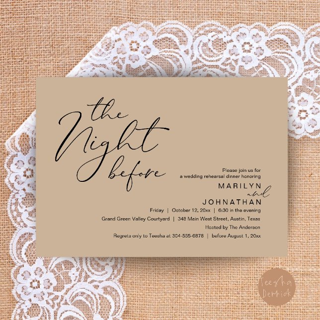 Modern Bröllsoaftonsfest Inbjudan (Modern Romantic The Night Before Wedding Rehearsal Dinner Invitation Card in Brown Tan)