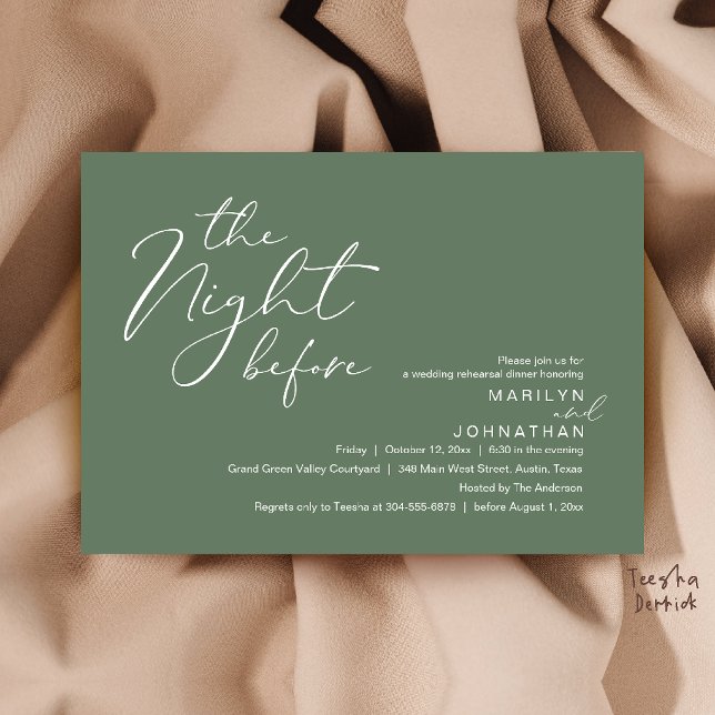 Modern Bröllsoaftonsfest Inbjudan (Modern Romantic The Night Before Wedding Rehearsal Dinner Invitation Card in Sage Green)