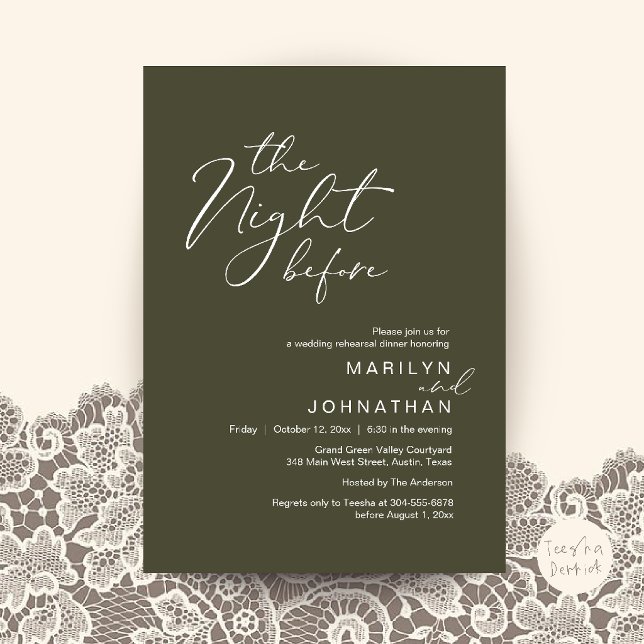 Modern Bröllsoaftonsfest Inbjudan (Modern The Night Before Wedding Rehearsal Dinner Invitation Card in Olive Green)