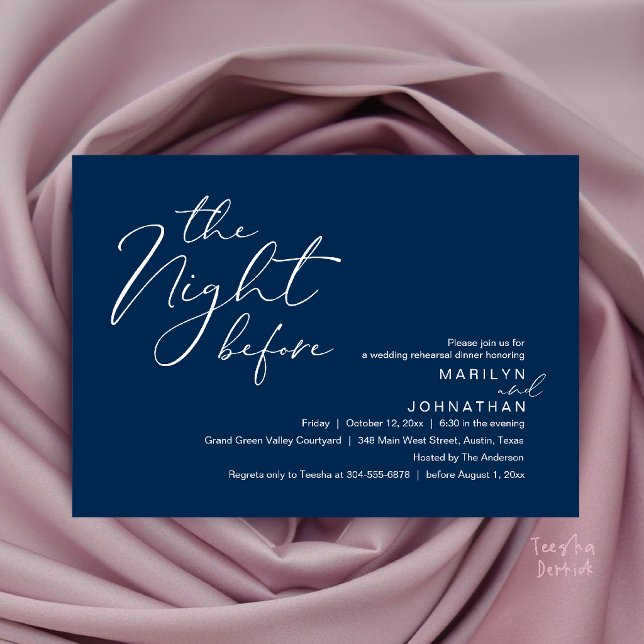 Modern Bröllsoaftonsfest Invitation Inbjudningar (Modern Romantic The Night Before Wedding Rehearsal Dinner Invitation Card in Navy Blue)