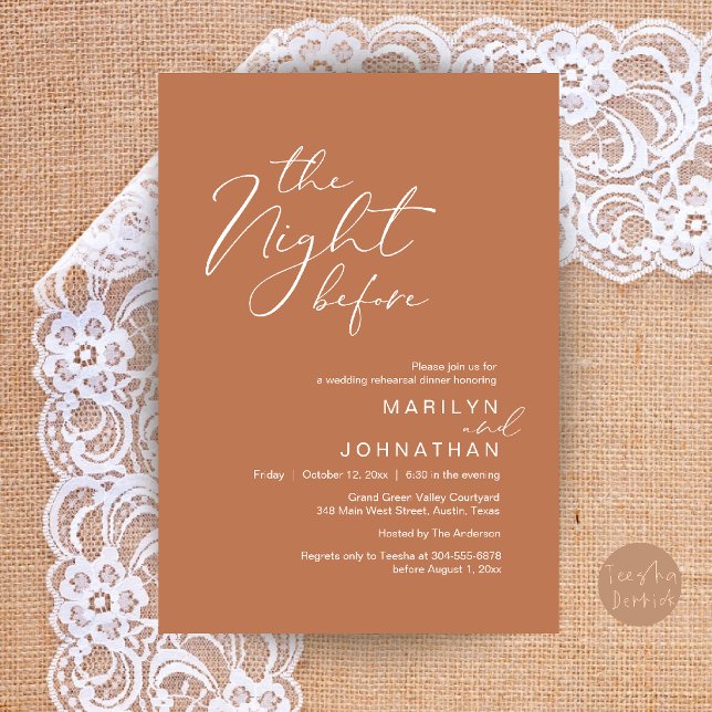 Modern Bröllsoaftonsrepetition Middag Inbjudningar (Modern The Night Before Wedding Rehearsal Dinner Invitation Card in Copper Brown)