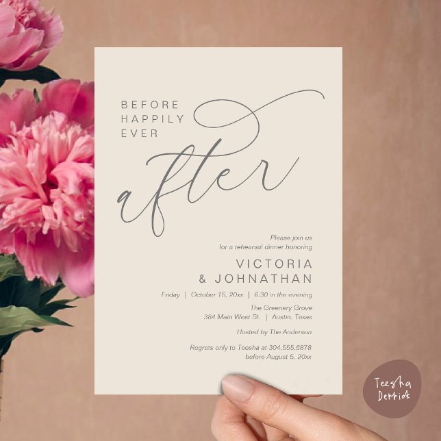 Modern Bröllunsrepetition Middag Innan Lyckligt Al Inbjudningar (Modern Before Happily Ever After Romantic Rehearsal Dinner Invites Card PDF Aesthetic Cream Grey)