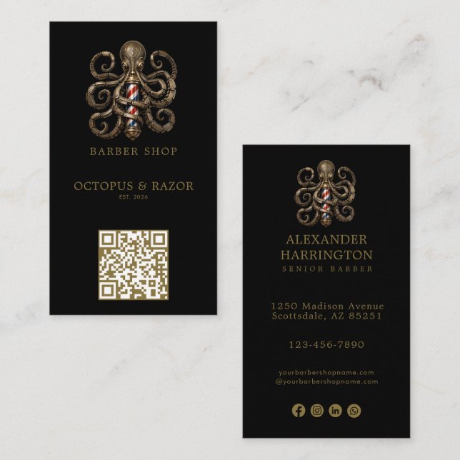 Modern Brons Bläckfisk Barberare Butik Logotyp Qr  Visitkort (Fram/baksida)