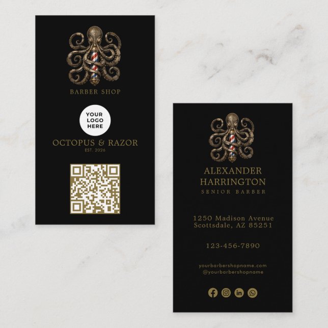 Modern Brons Bläckfisk Barberare Skylt Qr Kod Visitkort (Fram/baksida)
