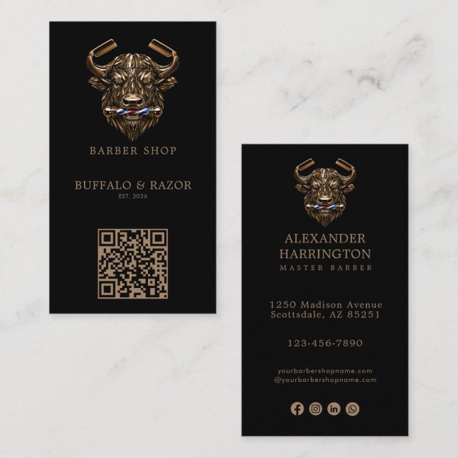 Modern Brons Buffalo Barberare Butik Logotyp Qr Ko Visitkort (Fram/baksida)